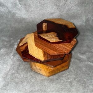 Wood Octagon Coasters Set of 6 w/ Holder Handmade Geometric Decor